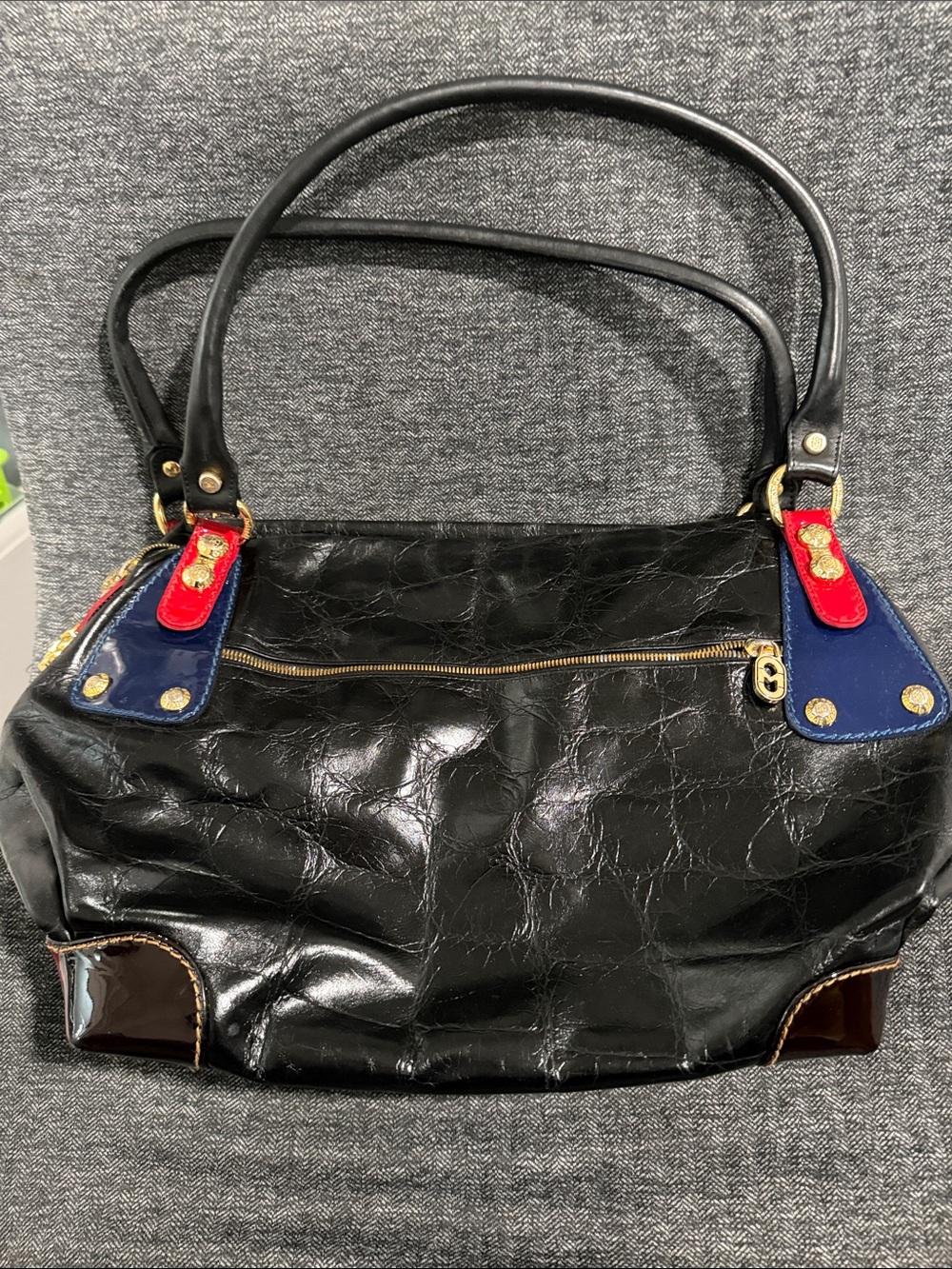 Black Leather Tote Bag with Red & Blue Accents
